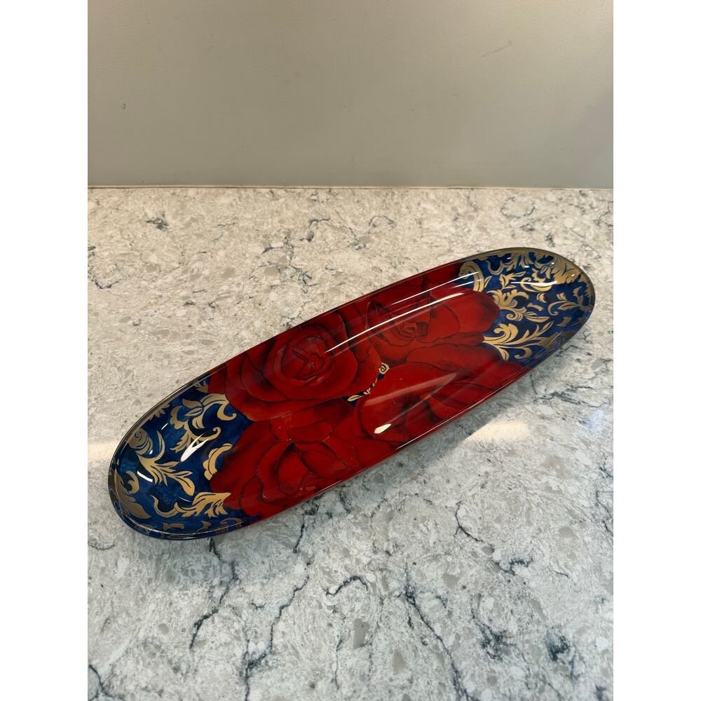20" Long Decorative Glass Dish w Red Roses and Blue & Gold Floral Accents JL